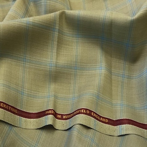 Light Sage Green With Blue Overcheck Onyx Super 100&#39;s Luxury Jacketing And Suiting Fabric