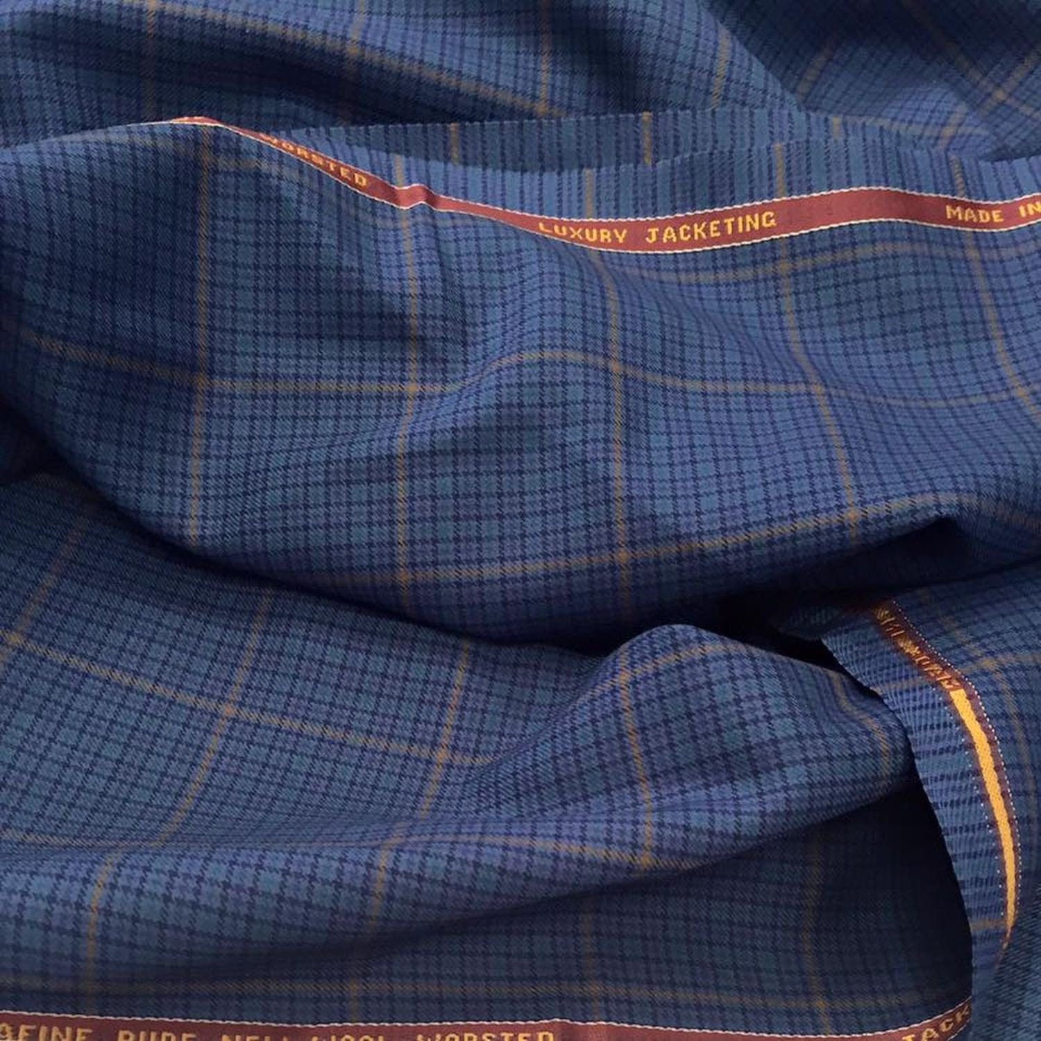 Sea Blue/Green With Rust Check Onyx Super 100's Luxury Jacketing And Suiting Fabric