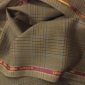 Light Brown With Blue Check Onyx Super 100&#39;s Luxury Jacketing And Suiting Fabric