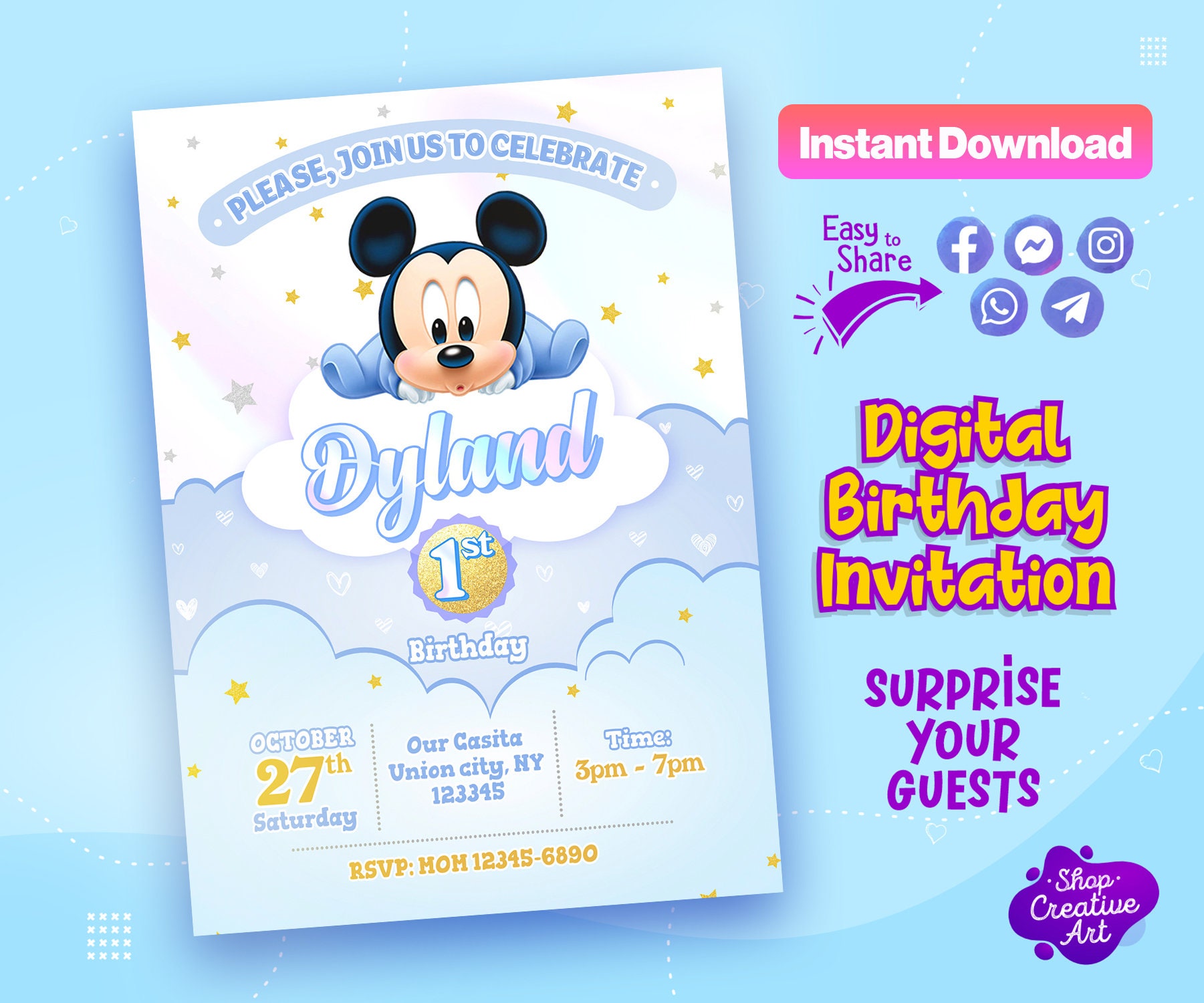Digital MICKEY MOUSE Invitation, Baby Mickey Mouse Baptism Invitation