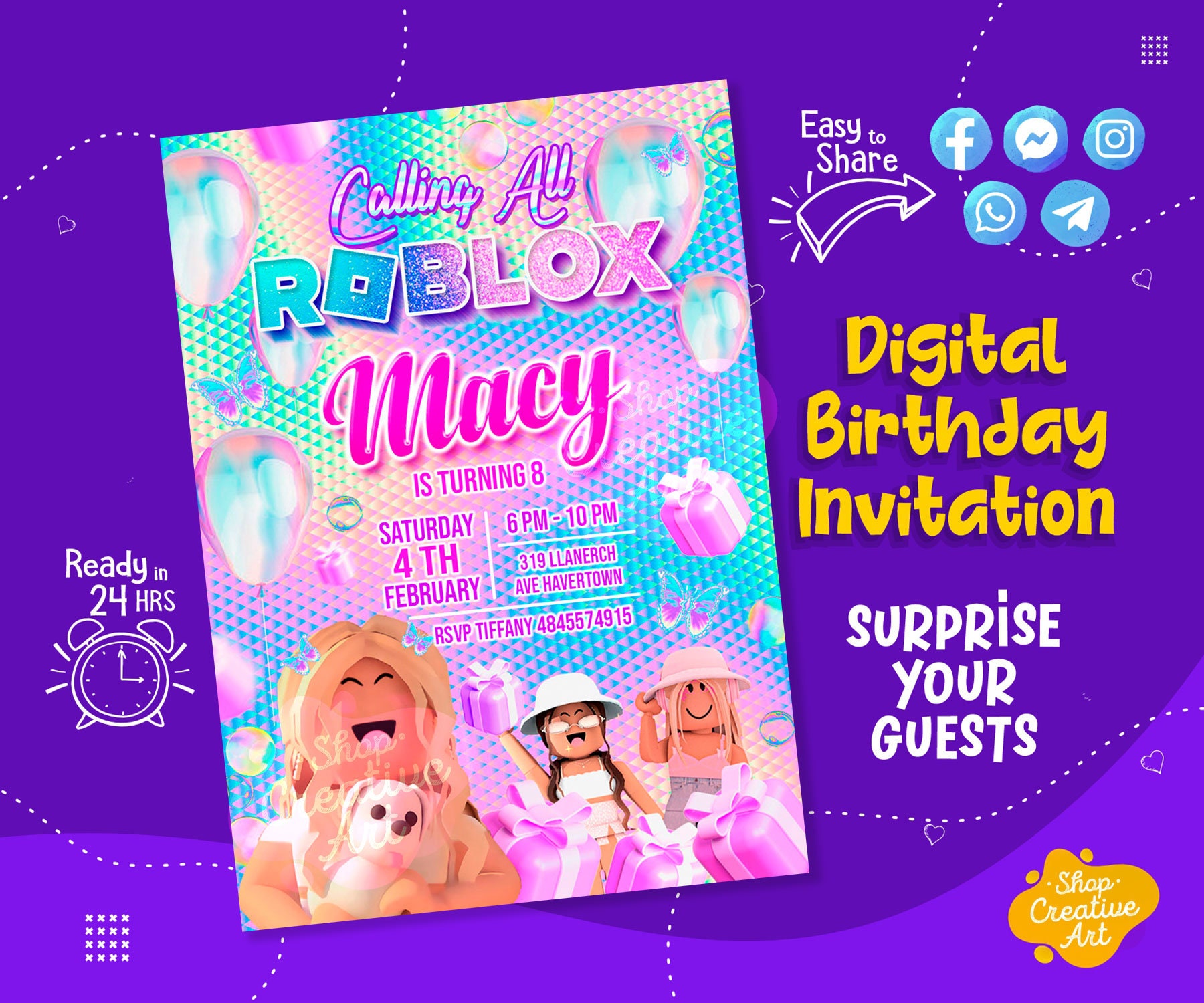 Roblox cartoon invitation birthday party Template