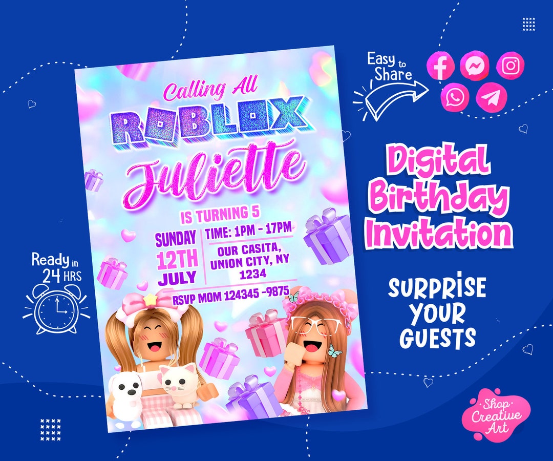 ROBLOX INVITATION GIRL Customized, Birthday Invitation, Roblox Party