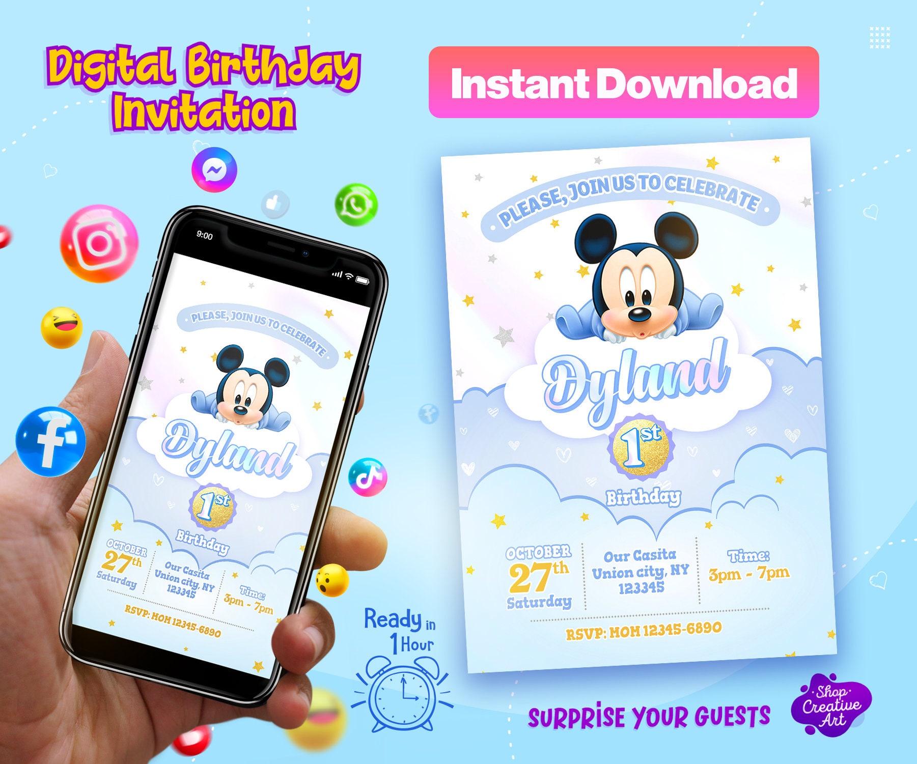 Digital MICKEY MOUSE Invitation, Baby Mickey Mouse Baptism Invitation