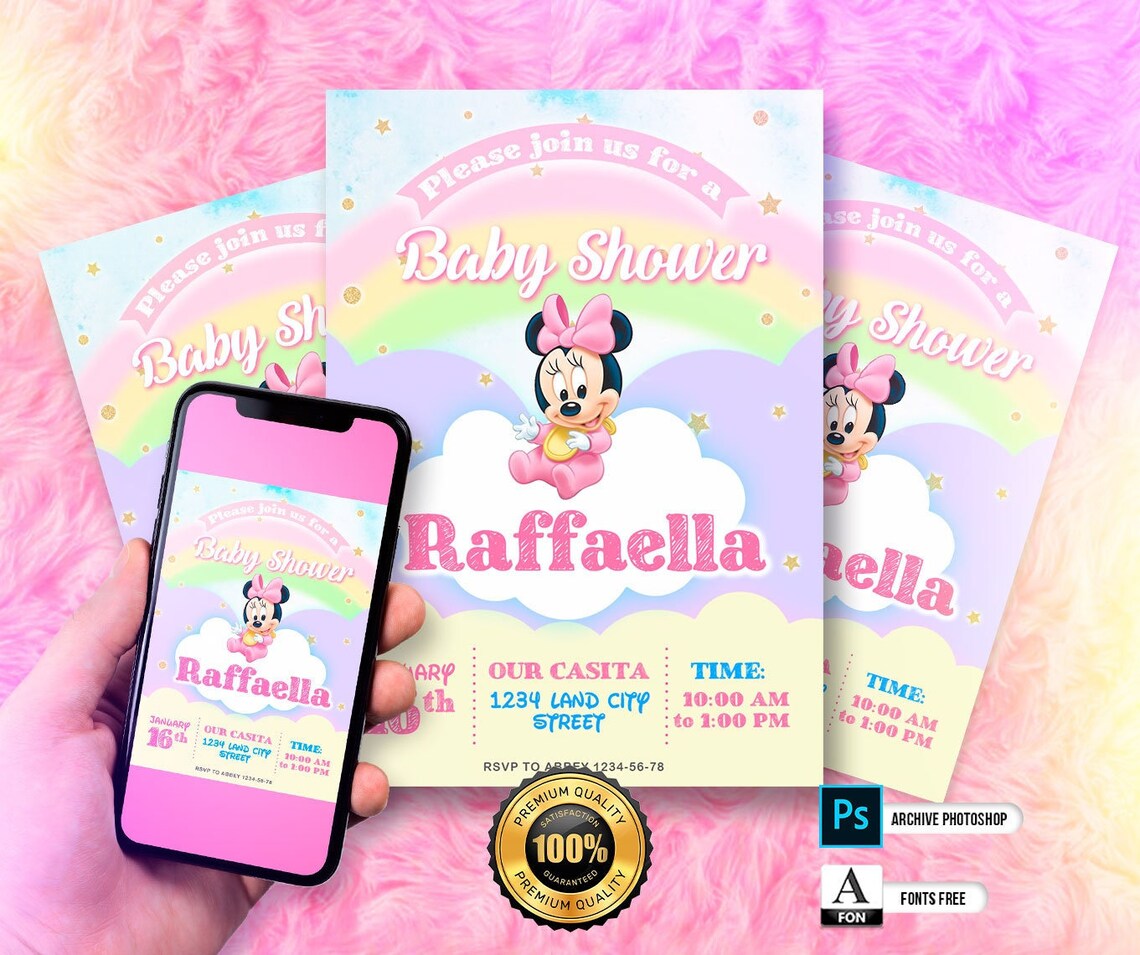 Digital MINNIE Invitation, Baby Minnie Mouse Baptism Invitation, Minnie