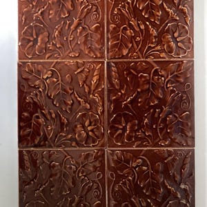 Set of 10 Majolica Relief Tiles: Teapot Brown Morning Glory/Hibiscus Flowers