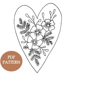 Embroidered Heart PDF pattern- flower pattern, botanical handmade embroidery design, easy embroidery for beginners, Learn how to embroider