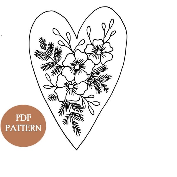 Embroidered Heart PDF pattern- flower pattern, botanical handmade embroidery design, easy embroidery for beginners, Learn how to embroider