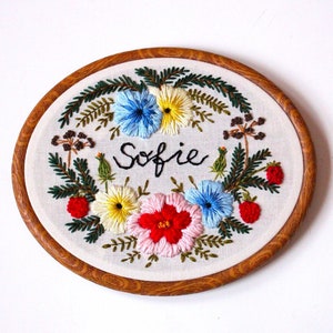 Embroidery PDF pattern for beginner, personalized custom name nursery embroidery design, flower botanical floral pattern, digital download