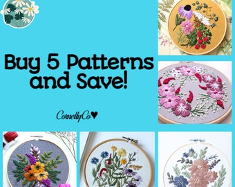 5 patterns in one, embroidery PDF pattern, plant embroidery, flower embroidery, hand embroidery, embroidered flowers, digital download PDF