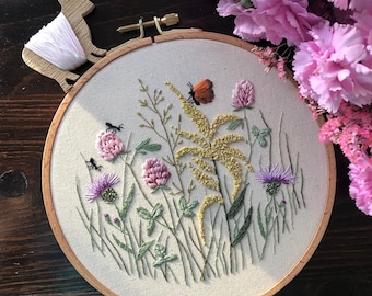 Goldenrod, Clover and Thistle Meadow, embroidery PDF pattern, hand embroidery floral design, digital download, elegant flowers, pastel color