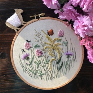 Goldenrod, Clover and Thistle Meadow, embroidery PDF pattern, hand embroidery floral design, digital download, elegant flowers, pastel color