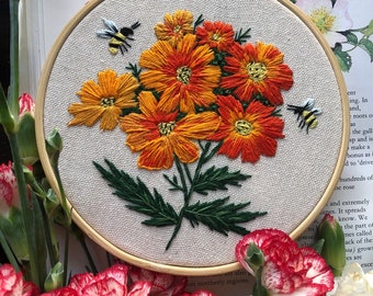 Diablo Cosmos embroidery PDF pattern, best for 6 inch hoop, beautiful orange yellow floral bouquet, hand embroidery design, digital download