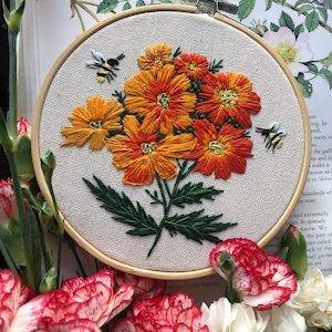 Diablo Cosmos embroidery PDF pattern, best for 6 inch hoop, beautiful orange yellow floral bouquet, hand embroidery design, digital download image 1