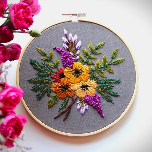 Embroidery PDF pattern - Autumn Bouquet, easy botanical pattern for beginners, digital download, floral hand embroidery, embroidered flowers