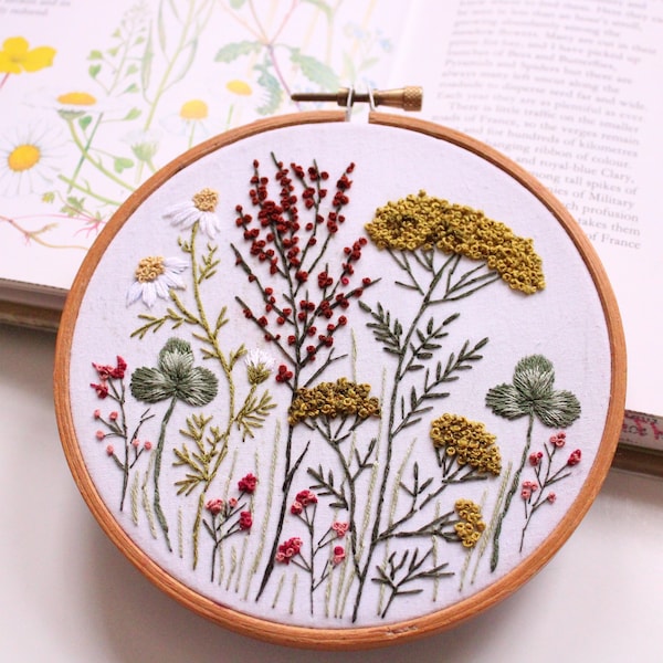 Roadside Wildflowers embroidery PDF pattern | Yarrow, Chamomile, Clover, Red Sorrel Meadow | hand embroidery design | Great for beginners