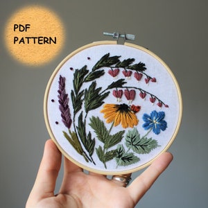 May include: Embroidered hoop art featuring a floral design with a variety of flowers, including a yellow daisy, pink bleeding hearts, and a blue flower. The hoop is made of wood and has a white fabric background.