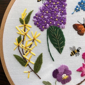 Embroidery PDF pattern Long Live The Spring, easy for beginners, purple lilac, forsythia, crabapple, pansy, forget-me-not, butterfly, bees image 4