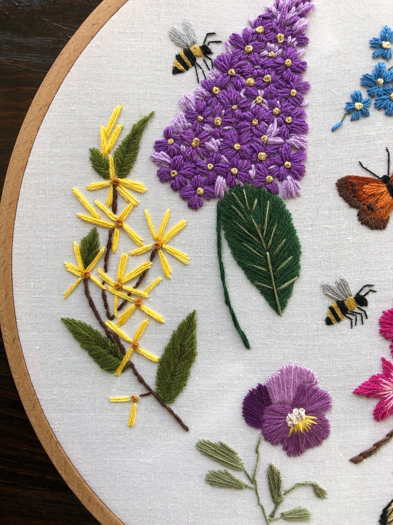 Embroidery PDF pattern Long Live The Spring, easy for beginners, purple lilac, forsythia, crabapple, pansy, forget-me-not, butterfly, bees image 4