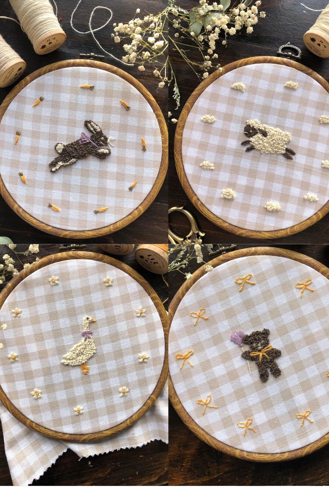 刺繍パターンバンドル – PDFデジタルダウンロード – ウサギ、羊、クマ