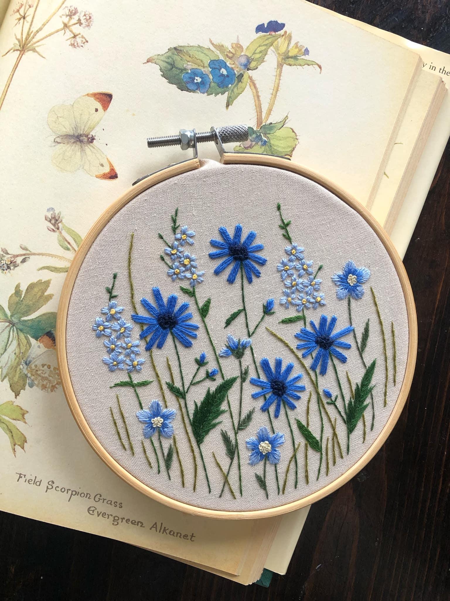 Forget-me-nots, Chicory, Flax Flower Blue Meadow, embroidery PDF pattern, hand embroidery floral design, digital download, elegant flowers