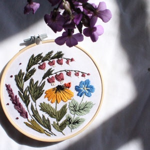 May include: Embroidered hoop art featuring a variety of flowers in shades of pink, yellow, blue, and green. The flowers are arranged in a circular pattern on a white background.