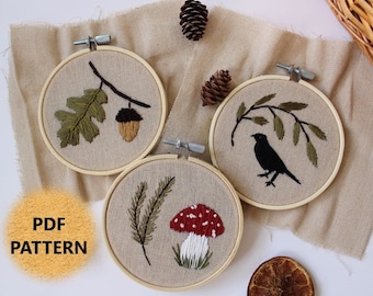 3 Three embroidery PDF patterns, autumn pattern, embroidery for beginner, fall design, DIY embroidery pattern, digital download instructions