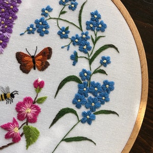 Embroidery PDF pattern Long Live The Spring, easy for beginners, purple lilac, forsythia, crabapple, pansy, forget-me-not, butterfly, bees image 3