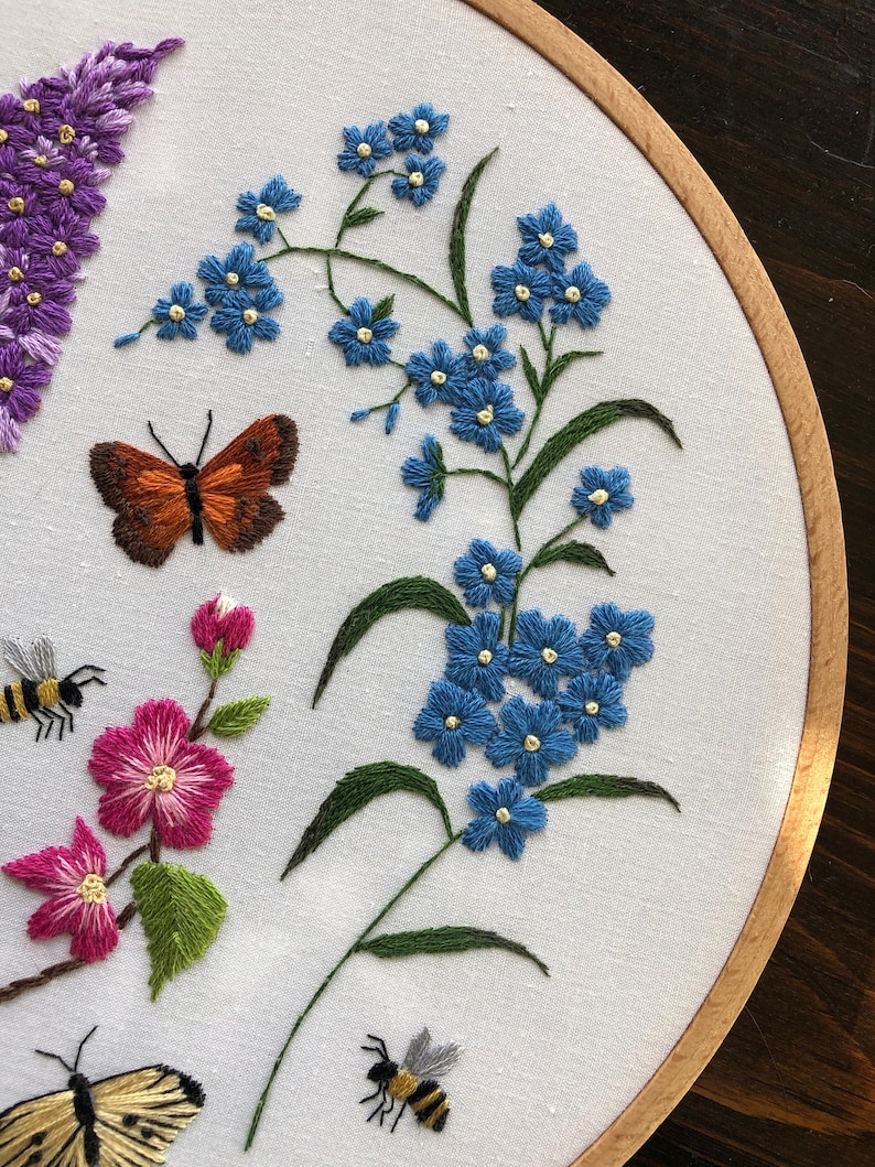Embroidery PDF pattern Long Live The Spring, easy for beginners, purple lilac, forsythia, crabapple, pansy, forget-me-not, butterfly, bees image 3