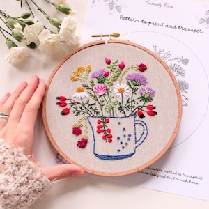 Embroidery PDF pattern - A cup of flower, wildflowers in a cup, botanicals in a mug, hand embroidered clovers and chamomile