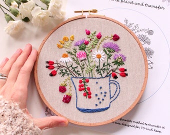 Embroidery PDF pattern - A cup of flower, wildflowers in a cup, botanicals in a mug, hand embroidered clovers and chamomile