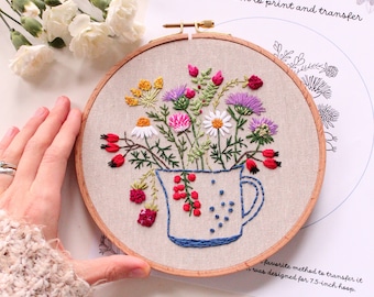 Wildflower Embroidery PDF Pattern: Cup of Chamomile & Clovers