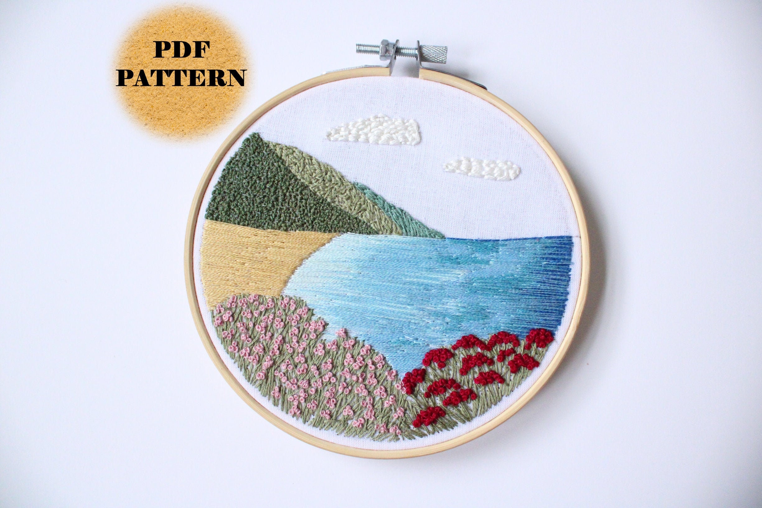 Lighthouse by the Sea Embroidery Pattern PDF / Digital Hand Embroidery /  Beginner / Summer Landscape Ocean Waves Abstract