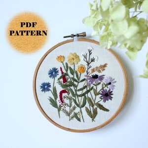 Borduren PDF-patroon - Wildflower Borduurontwerp - DIY bloemmotief voor beginners, Handgemaakte muurkunst, Botanisch patroon