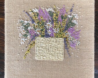 Wildflowers in the basket - hand embroidered flowers on a burlap canvas, finished embroidery work, completed floral embroidery, unique gift