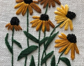 Black-eyed Susans embroidery PDF pattern, beautiful rudbeckia, yellow coneflowers, 4 inch hoop hand embroidery design, easy for beginners