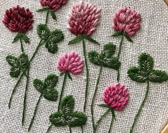 Hand embroidery PDF design - Pink clovers, embroidery pattern for beginners, digital instant download, clover meadow