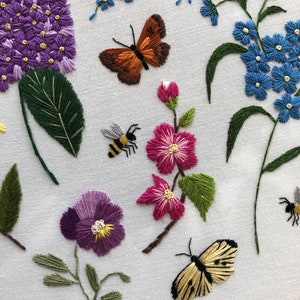 Embroidery PDF pattern Long Live The Spring, easy for beginners, purple lilac, forsythia, crabapple, pansy, forget-me-not, butterfly, bees image 10