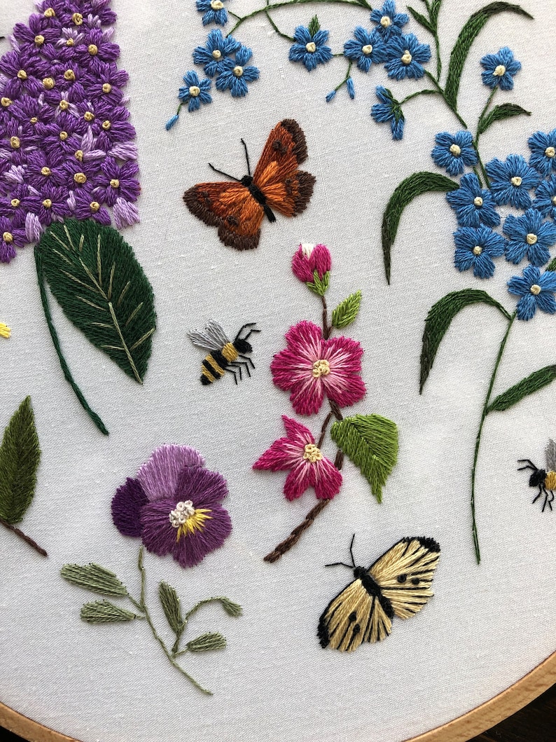 Embroidery PDF pattern Long Live The Spring, easy for beginners, purple lilac, forsythia, crabapple, pansy, forget-me-not, butterfly, bees image 10