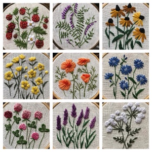 Wildflower Meadow Embroidery PDF Bundle: 9 Unique PDF Patterns Strawberries, Buttercup, Black-Eyed Susan, Clover, lavender, poppy, chicory image 1