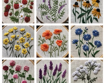 Wildblumenwiese-Stickerei-PDF-Paket: 9 einzigartige PDF-Muster – Erdbeeren, Butterblume, Schwarzäugige Susanne, Klee, Lavendel, Mohn, Chicorée