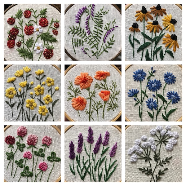 Wildflower Meadow Embroidery PDF Bundle: 9 Unique PDF Patterns - Strawberries, Buttercup, Black-Eyed Susan, Clover, lavender, poppy, chicory