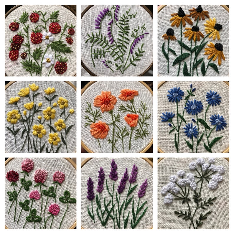 Wildflower Meadow Embroidery PDF Bundle: 9 Unique PDF Patterns Strawberries, Buttercup, Black-Eyed Susan, Clover, lavender, poppy, chicory image 1