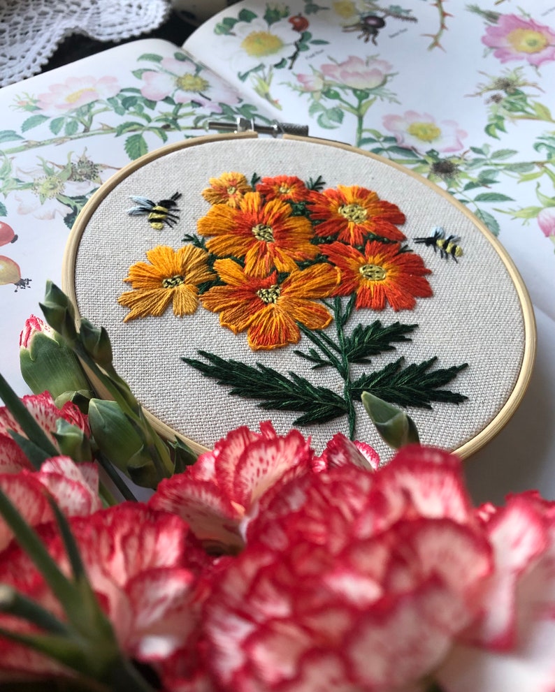 Diablo Cosmos embroidery PDF pattern, best for 6 inch hoop, beautiful orange yellow floral bouquet, hand embroidery design, digital download image 3