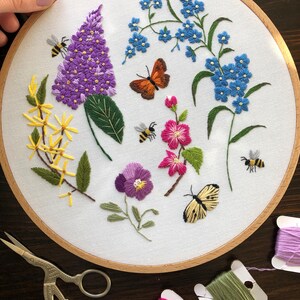 Embroidery PDF pattern Long Live The Spring, easy for beginners, purple lilac, forsythia, crabapple, pansy, forget-me-not, butterfly, bees image 5