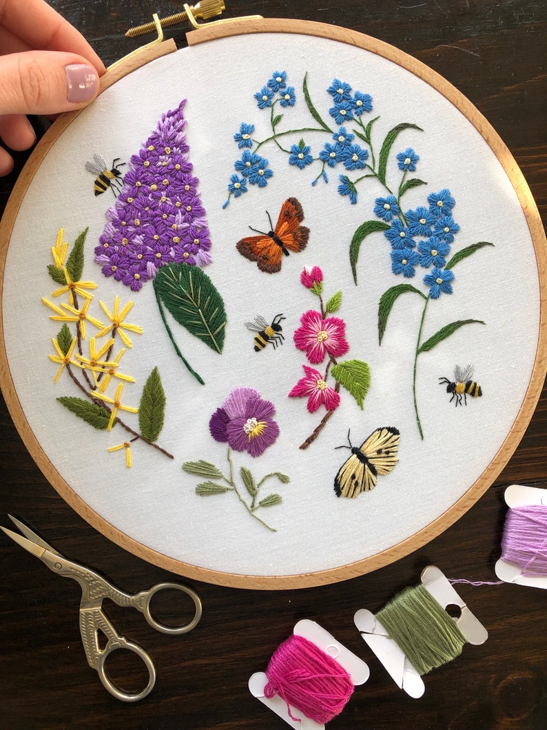 Embroidery PDF pattern Long Live The Spring, easy for beginners, purple lilac, forsythia, crabapple, pansy, forget-me-not, butterfly, bees image 5