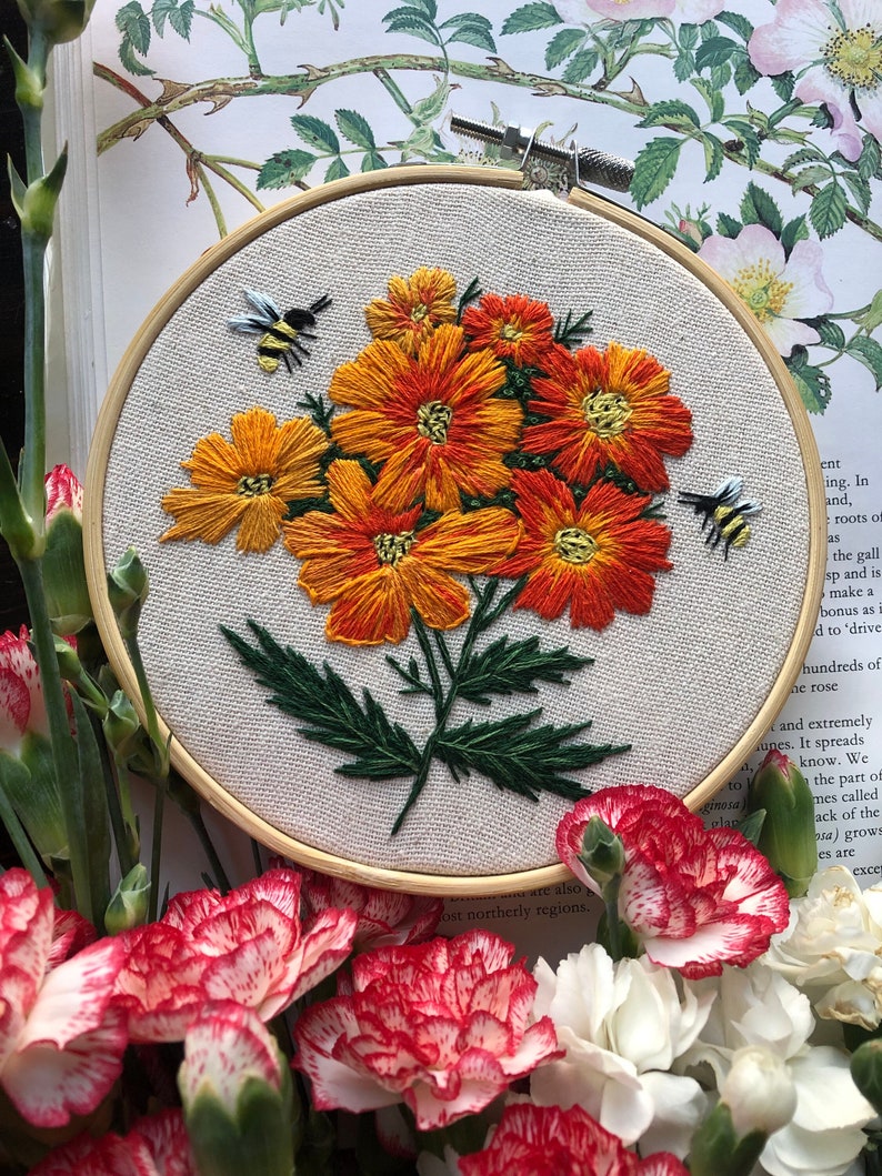 Diablo Cosmos embroidery PDF pattern, best for 6 inch hoop, beautiful orange yellow floral bouquet, hand embroidery design, digital download image 1