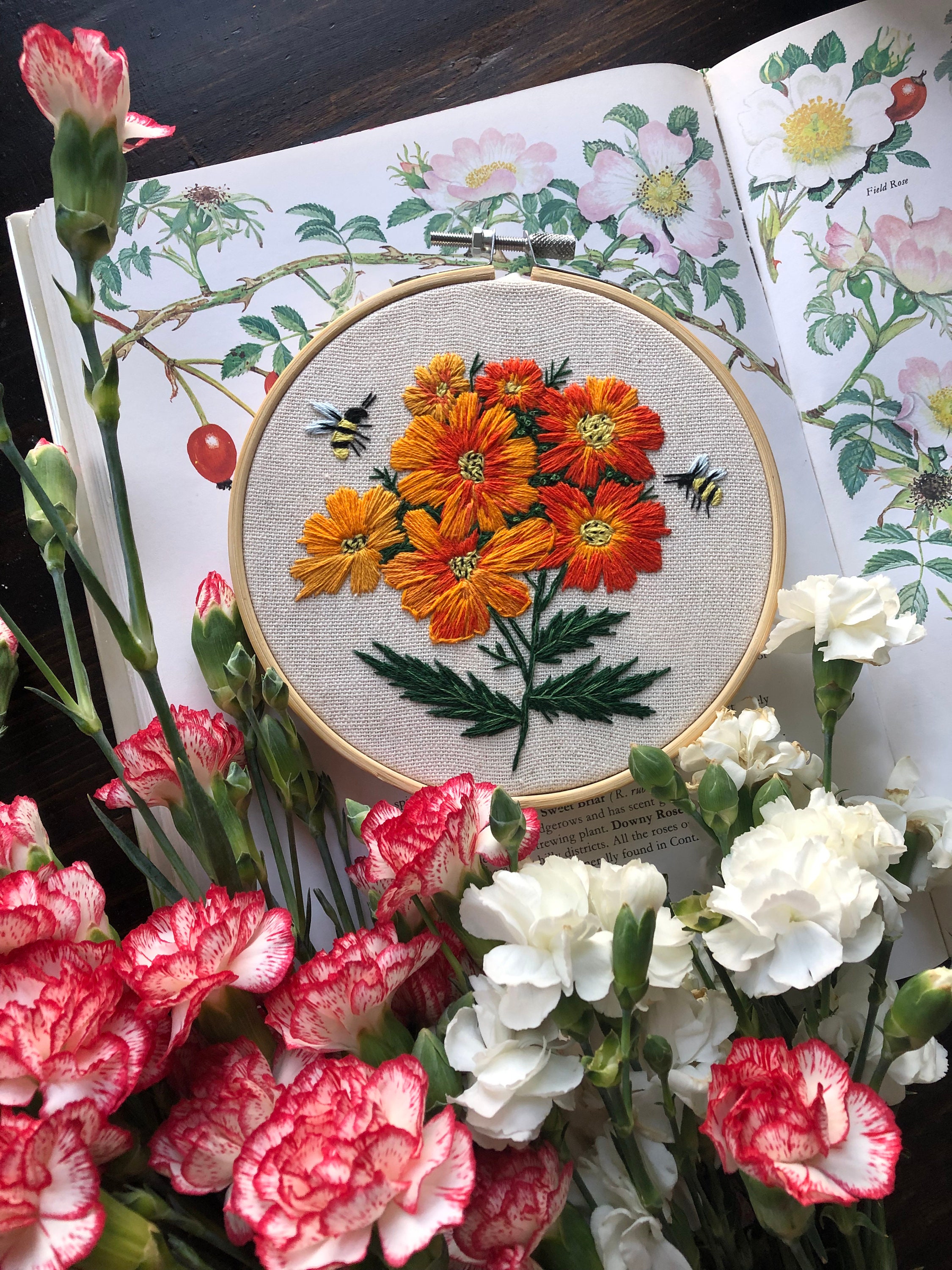 Diablo Cosmos Floral Embroidery Pattern: Orange Bouquet With Bees