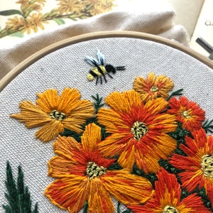 Diablo Cosmos embroidery PDF pattern, best for 6 inch hoop, beautiful orange yellow floral bouquet, hand embroidery design, digital download image 4