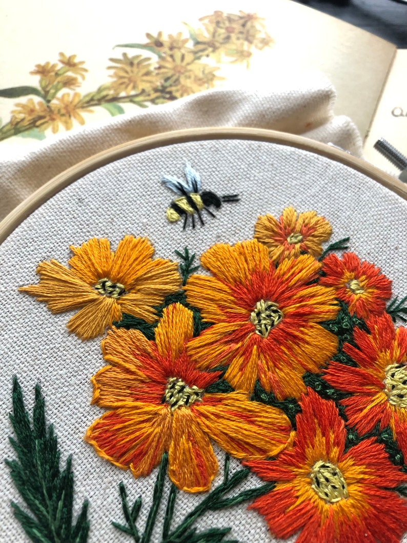 Diablo Cosmos embroidery PDF pattern, best for 6 inch hoop, beautiful orange yellow floral bouquet, hand embroidery design, digital download image 4