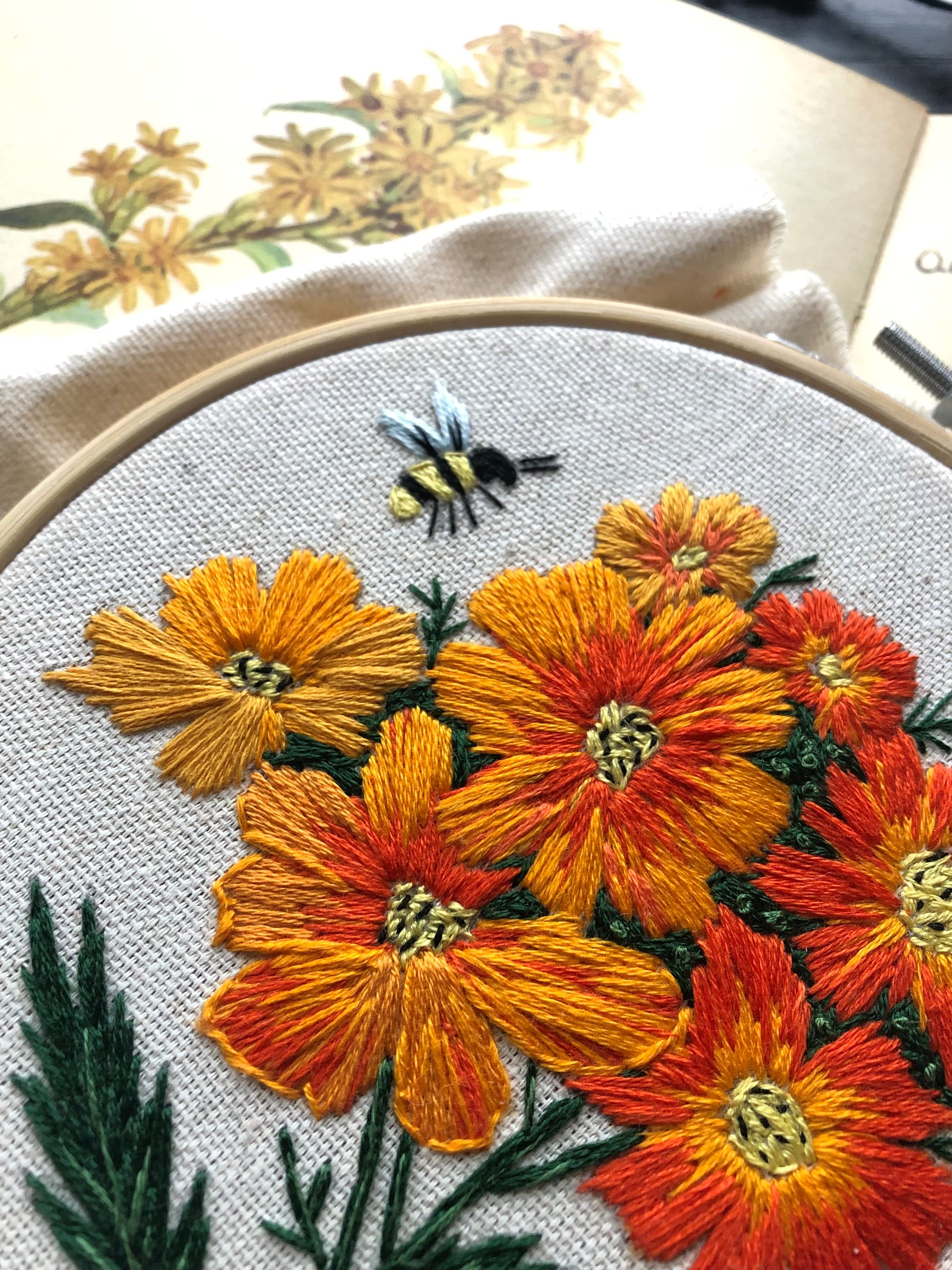 Diablo Cosmos Floral Embroidery Pattern: Orange Bouquet With Bees